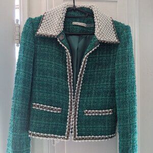 Alice + Olivia Pearl and Stud Embellished Tweed Jacket - XS